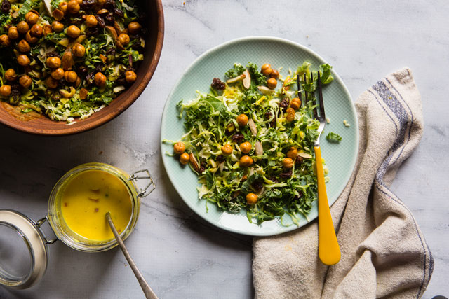 Kale and Brussel Sprouts Salad with Turmeric Honey Yogurt Dressing