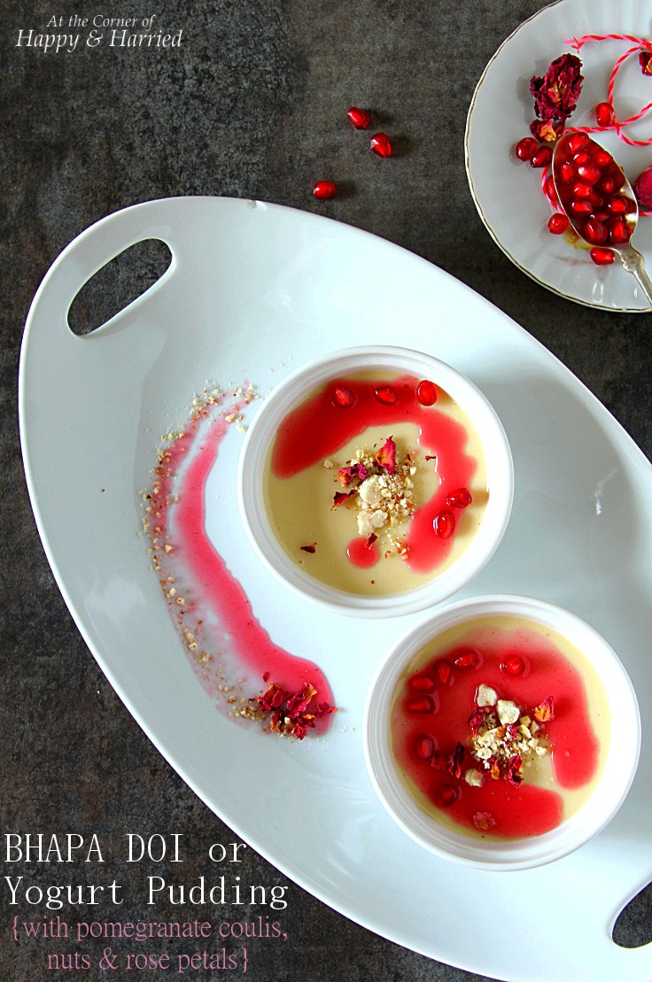 Baked Yogurt Pudding With Pomegranate Coulis, Nuts & Roses