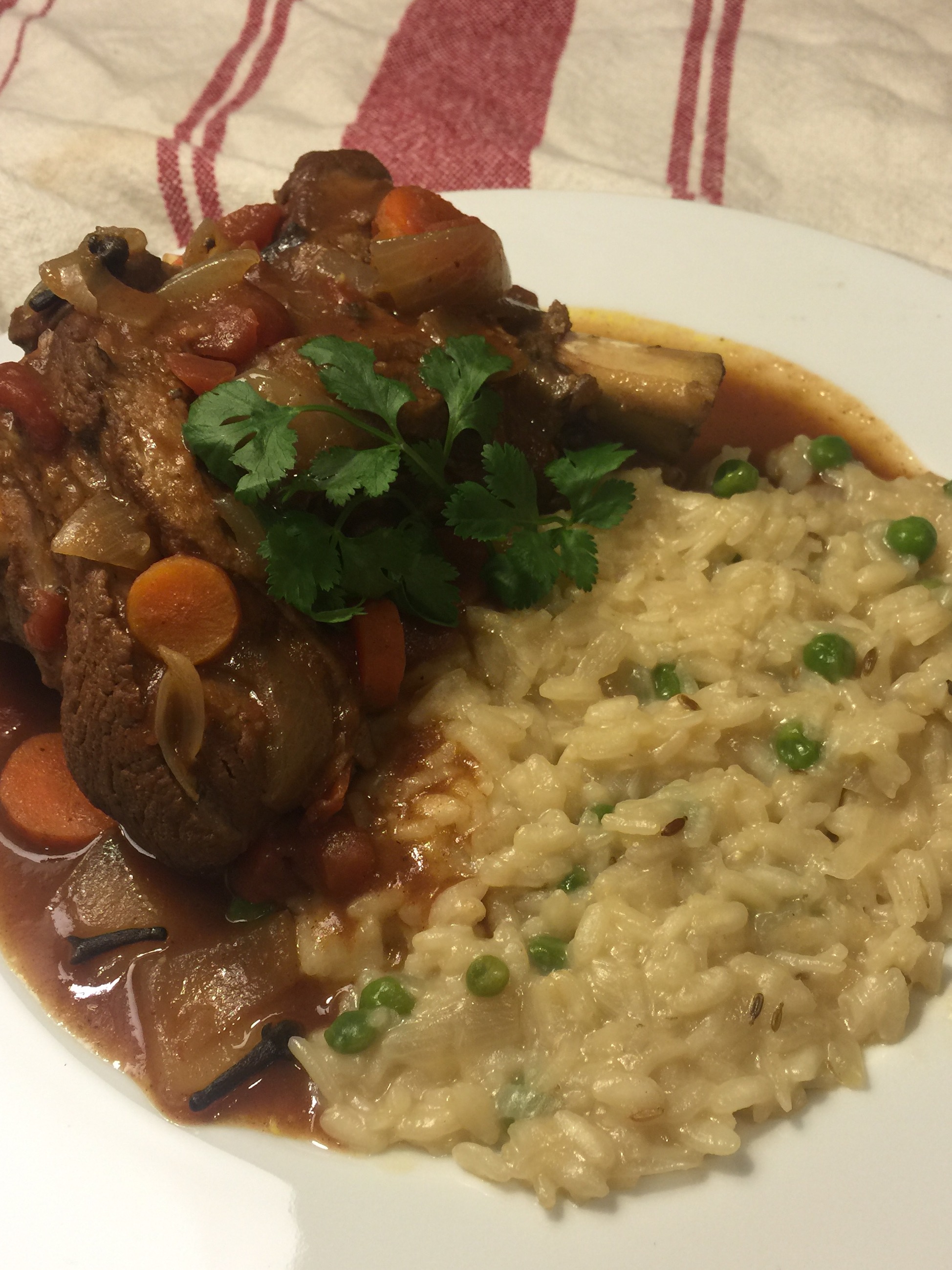 Wine & Masala Braised Lamb Shanks with Sweet Pea Risotto
