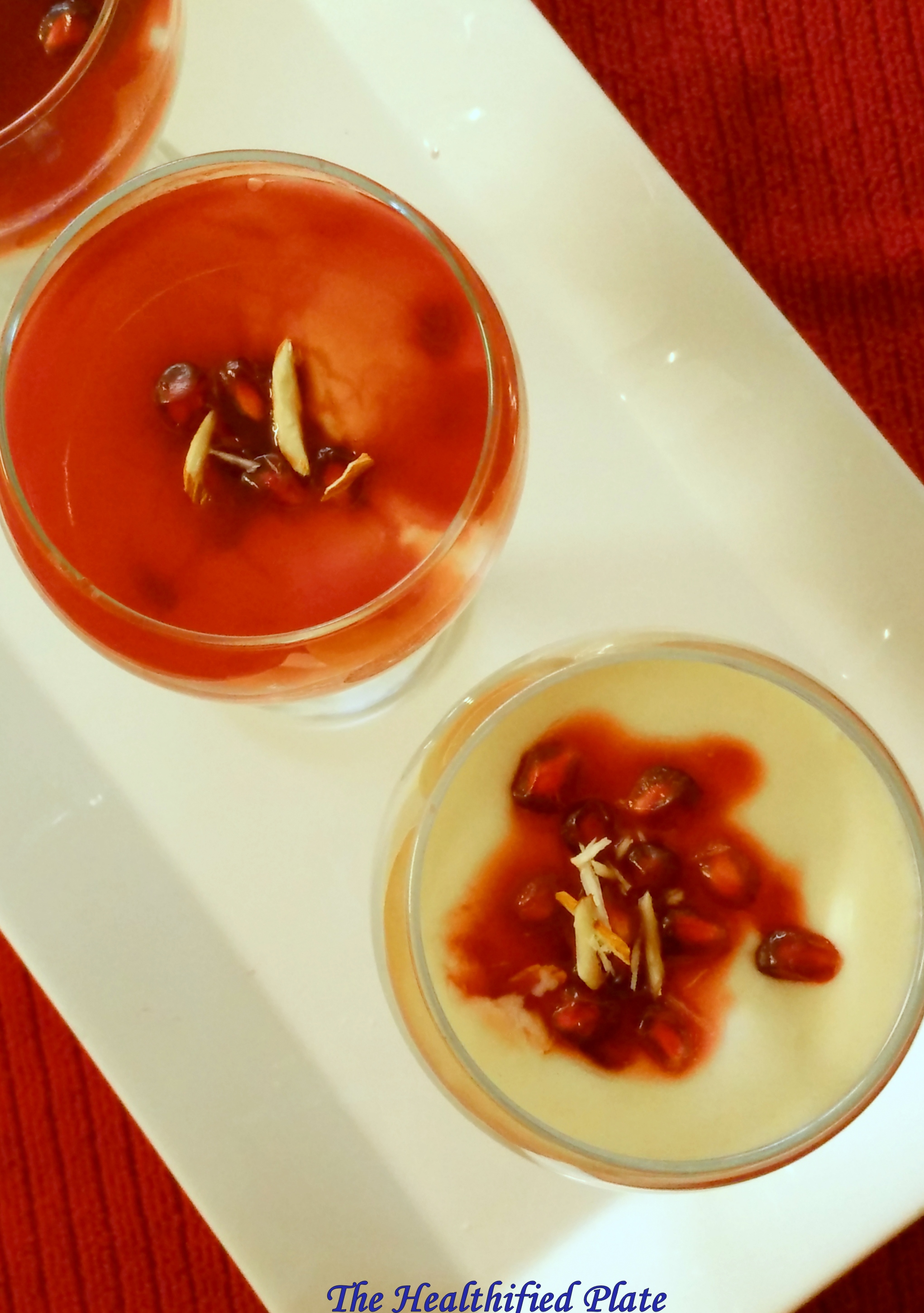 White Chocolate Phirni (Indian Rice Pudding) with Pomegranate Coulis