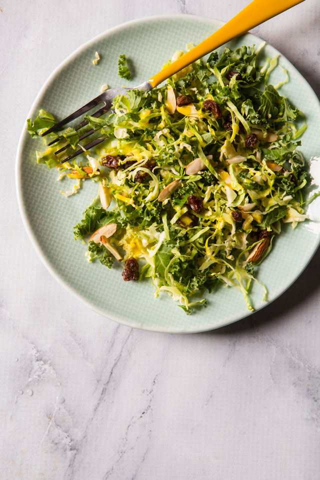 Kale and Brussel Sprouts Salad with Turmeric Honey Yogurt Dressing
