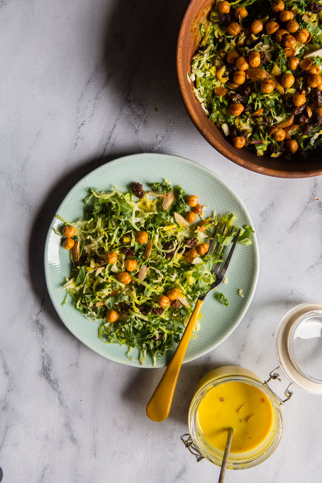 Kale and Brussel Sprouts Salad with Turmeric Honey Yogurt Dressing