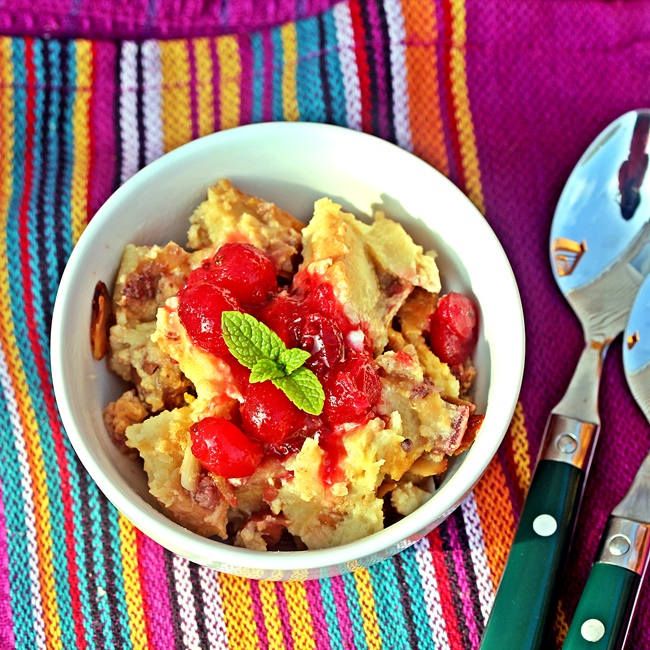 Rum and Raisin Bread Pudding with a Cranberry Mint Sauce